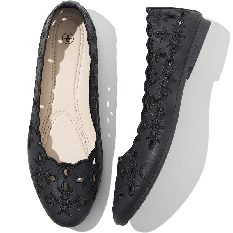 Shupua Flats for Women Ballet Flats Shoes Women’s Comfortable Dress Shoes Slip on Shoes Women Black Flats Round Toe PU Leather Flats Summer with Floral Eyelets(Black.us9)