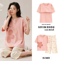 Summer Cotton Pajama Set with Chest Pads for Women