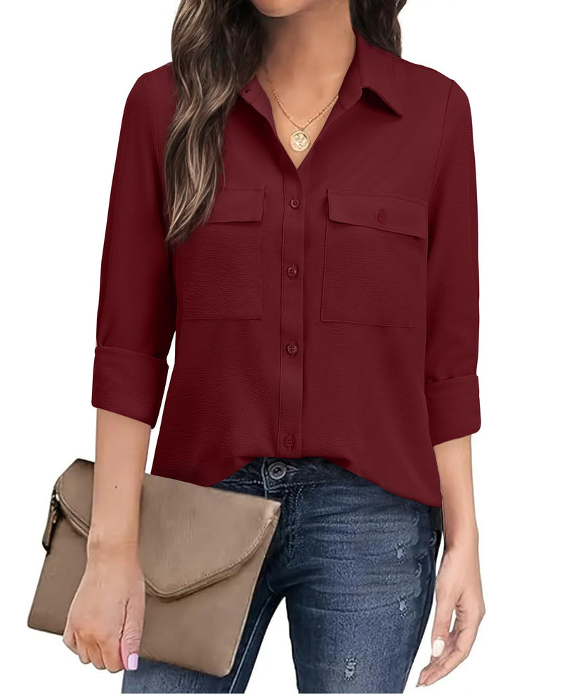 Work Shirts for Women Business Casual V Neck Chiffon Business Casual Outfits Button Up Shirts Professional Tops Ladies Interview Attire Roll Up Sleeve Shirt Burgundy Medium