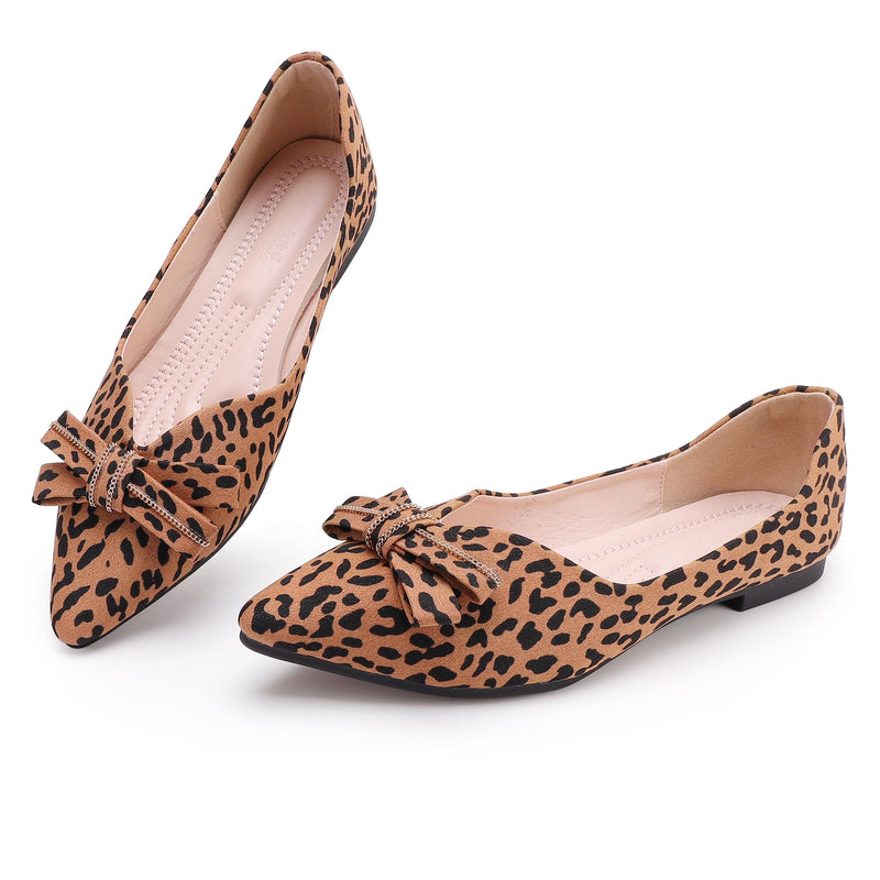 Pointed end Women Flat Shoes Classic Leopard Print Flat Shoes with Bow Decoration Casual and Comfortable Flat Shoes Brown Size 9