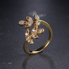 18K Gold Plated Leaf-Shaped Open Diamond Ring