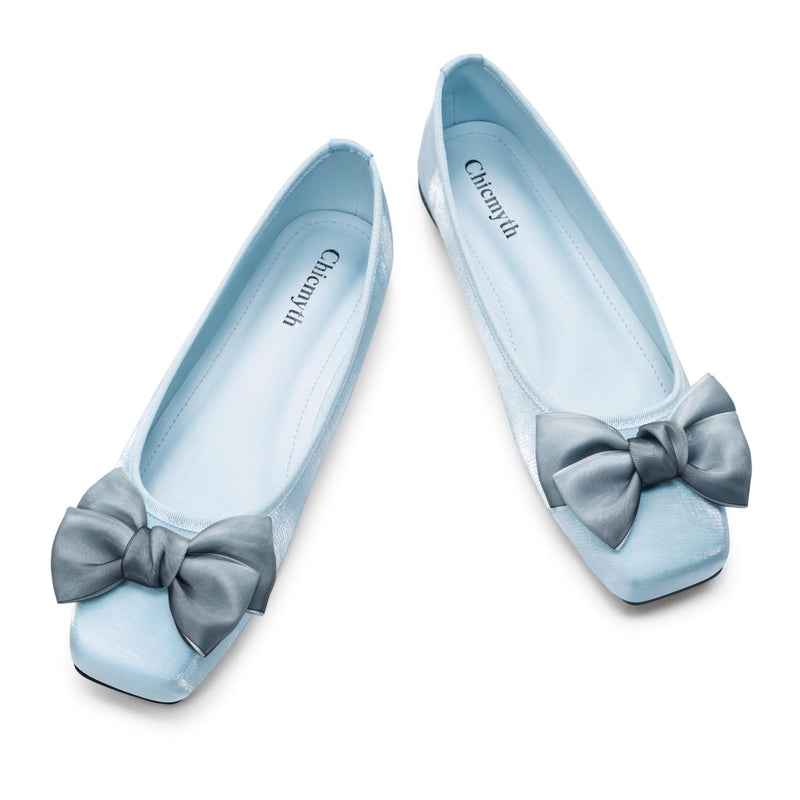 Chicmyth Ballet Flats for Women ; Square Toe Mary Jane Flats ; Satin Material Ballet Shoes ; Bowknot Elegant Dressy Women Shoes (US 6SkyBlue)