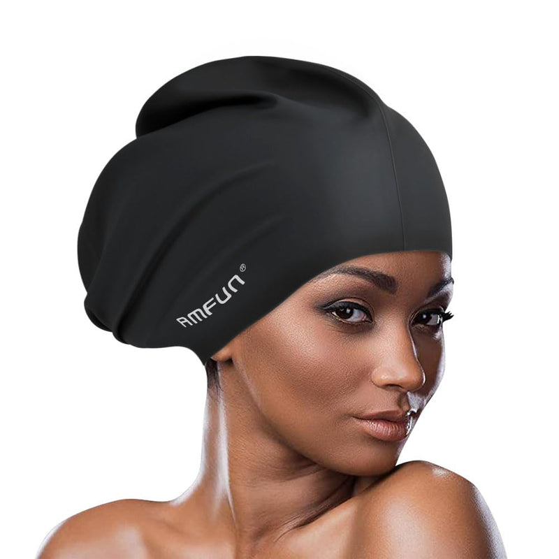 AMFUN Swimming Cap for Long Hair Extra Large Swimming Caps for Women & Men Silicone Adult Swim Cap Waterproof Swimming Hat for Dreadlocks Weaves Curls Hair Extensions Braids Afros Black