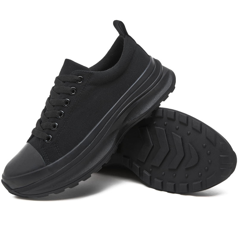 Womens Platform Sneakers Low Top White Shoes for Women Lace Up Canvas Shoes Black Sneakers for Women Comfortable Classic Tennis Shoes(Full black10)