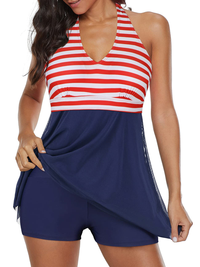 Bathing Suit Tummy Control for Women Halter Swimsuit One Piece Swim Dress High Waist Swimming Suit Swim Skirt with Shorts B Red Stripe 14-16