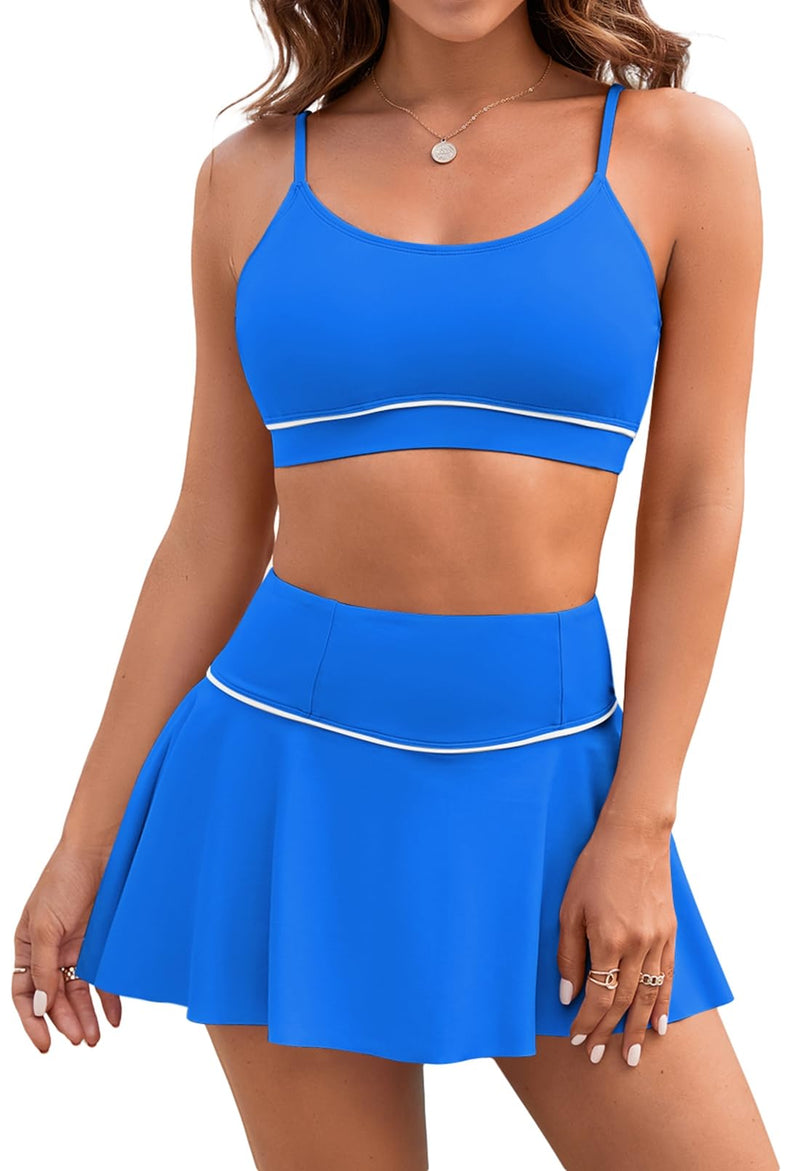 Pink Queen Womens Sexy 2 Piece Bikini Set Trendy Tummy Control High Waisted Flounce Swimming Shorts Skort Swimsuit Bathing Suit Tankini Sky Blue XL