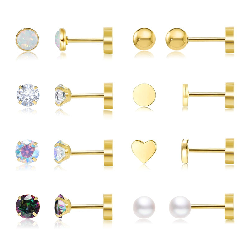 DAILI 8 Pairs Flat Back Earrings for Women 4mm Titanium Hypoallergenic Earrings 14K Gold Screw Back Earrings for Cartilage Helix Earrings Opal/CZ/Pearl/Ball/Dot Small Nap Earrings