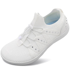 Besroad Elastic Barefoot Tennis Shoes Women Wide Toe Walking Shoes Slip On Breathable Minimalist Shoes Zero Drop Sole White 9.5 Wide