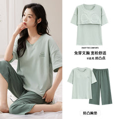 Summer Cotton Pajama Set with Chest Pads for Women