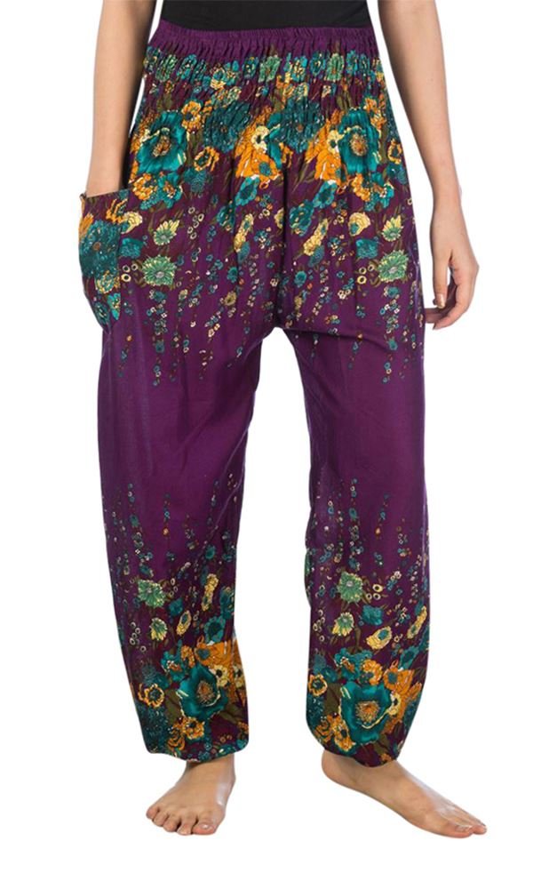 LOFBAZ Harem Pants for Women Yoga Boho Hippie Clothing Palazzo Bohemian Beach Maternity Pajama Indian Gypsy Travel Clothes Floral Purple S