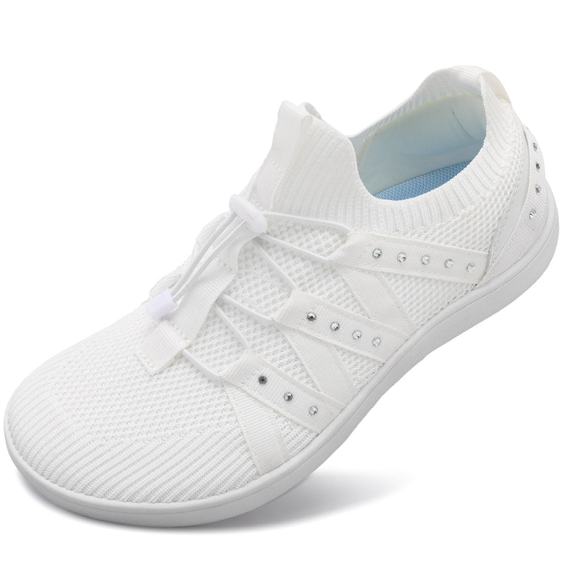 Besroad Elastic Barefoot Tennis Shoes Women Wide Toe Walking Shoes Slip On Breathable Minimalist Shoes Zero Drop Sole White 9.5 Wide