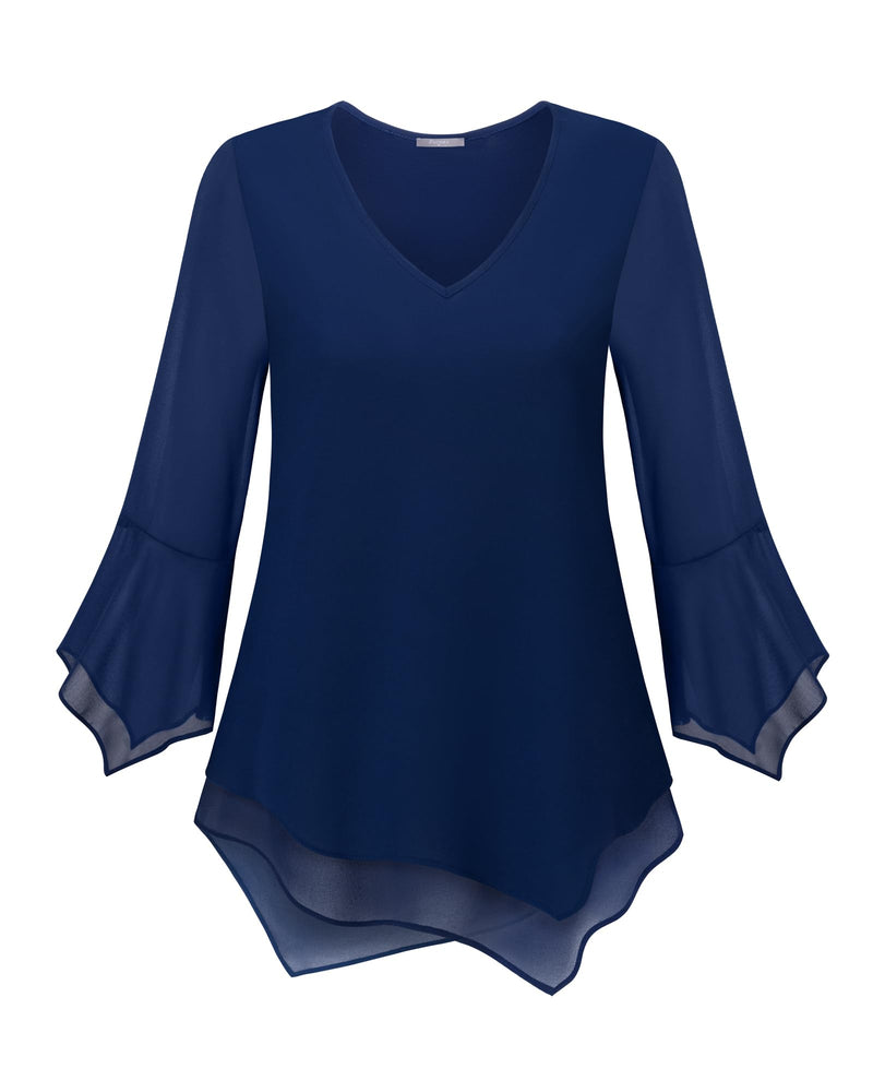Furnex 3/4 Sleeve Blouses for Women：Work Attire - Ladies Tops and Bouses Dressy - Office Clothes for Women Trendy Womens Business Casual Blouses Flattering Tops Plus Size Attires Deep Blue XL