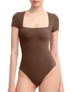 PUMIEY Square Neck Bodysuits For Women Short Sleeve Body Suit Slimming Going Out Tops Womens Clothing ChocolateMedium