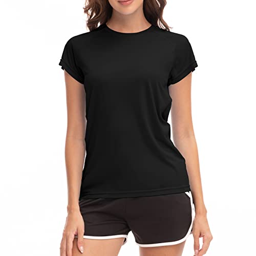 MEETWEE Women Rash Guard Short Sleeve T-Shirts Quick Dry Swim Shirt UPF 50+ UV Sun Protection Lightweight Workout Swim Top Black