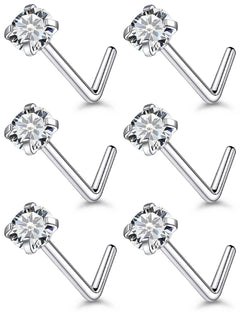 Qiwnswoy 22G Stainless Surgical Steel Nose Rings Studs for Women L Shaped Nose Rings Studs Nostrial Piercing Jewerly 3mm Diamond CZ Nose Rings Studs for Women Men Silver