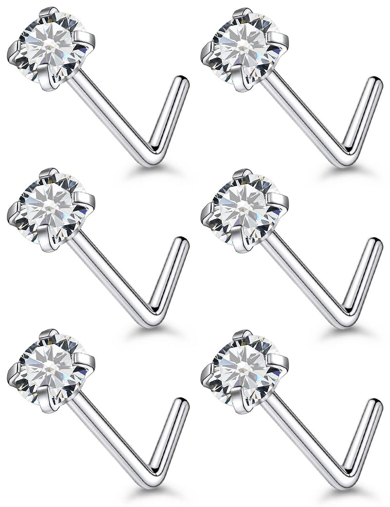 Qiwnswoy 22G Stainless Surgical Steel Nose Rings Studs for Women L Shaped Nose Rings Studs Nostrial Piercing Jewerly 3mm Diamond CZ Nose Rings Studs for Women Men Silver
