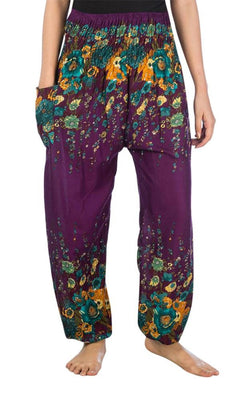 LOFBAZ Harem Pants for Women Yoga Boho Hippie Clothing Palazzo Bohemian Beach Maternity Pajama Indian Gypsy Travel Clothes Floral Purple S