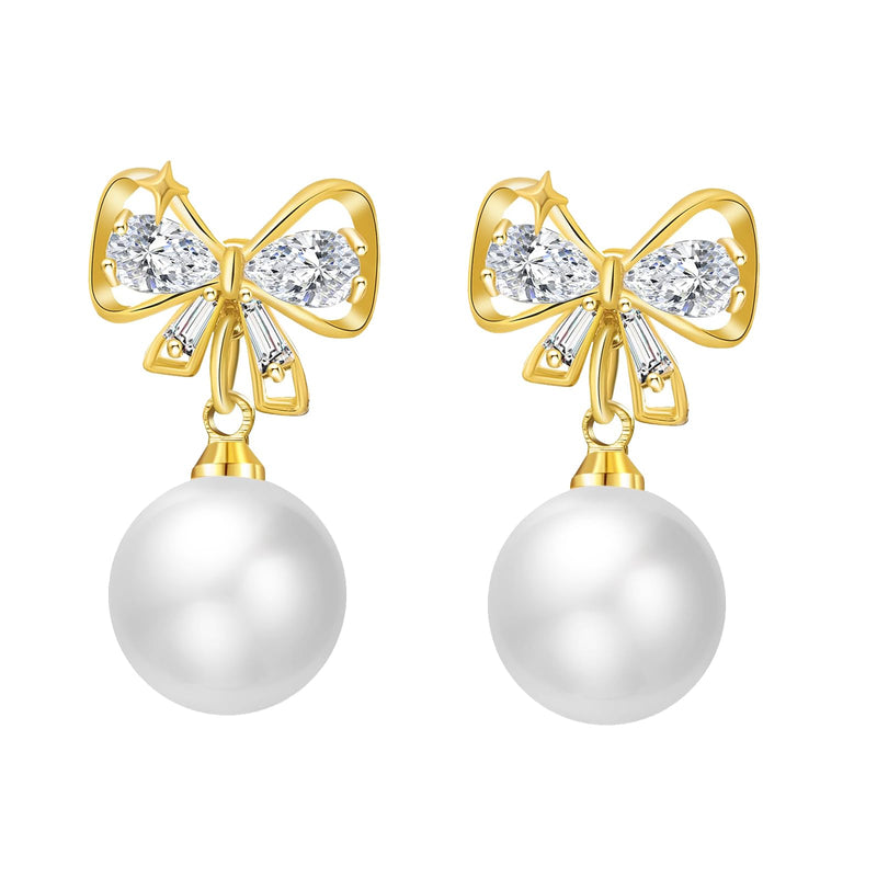 RAUCHBE White Pearl Bow Clip on Earrings Women Rhinestone Bow Clip Earrings Cute Bow Clip Earrings