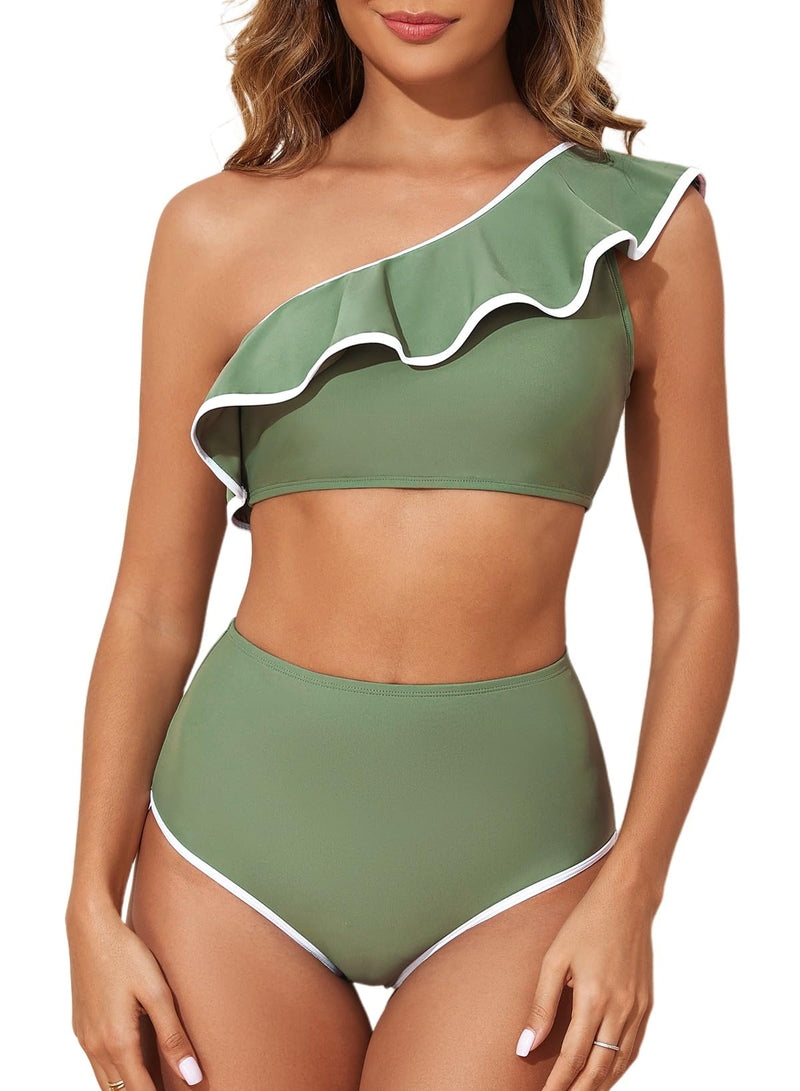 Herseas Womens Asymmetrical Bikini Sets White Trim Ruffle Top Swim Suits Cute High Waisted Bathing Suits Army Green Beach Outfits Medium