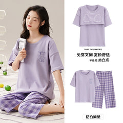 Summer Cotton Pajama Set with Chest Pads for Women
