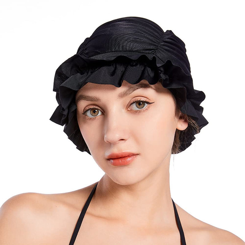 Women Swim Bathing Cap Vintage Elastic Swim Turban Retro Ruffles Swimming Hat Pool Party Ruffles Beanie Cap Non-Waterproof