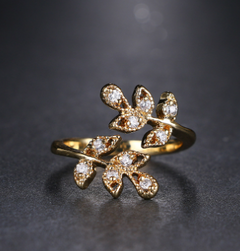 18K Gold Plated Leaf-Shaped Open Diamond Ring