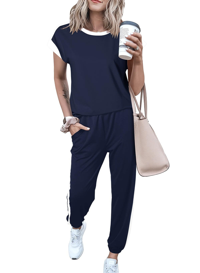 Dokotoo 2 Piece Sets For Women Summer Outfits Sweatsuit Colorblock Comfy Lounge Sets Short Sleeve Jogger Matching Sets Women Clothing Pajama Sets Womens Fashion