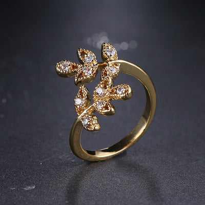 18K Gold Plated Leaf-Shaped Open Diamond Ring