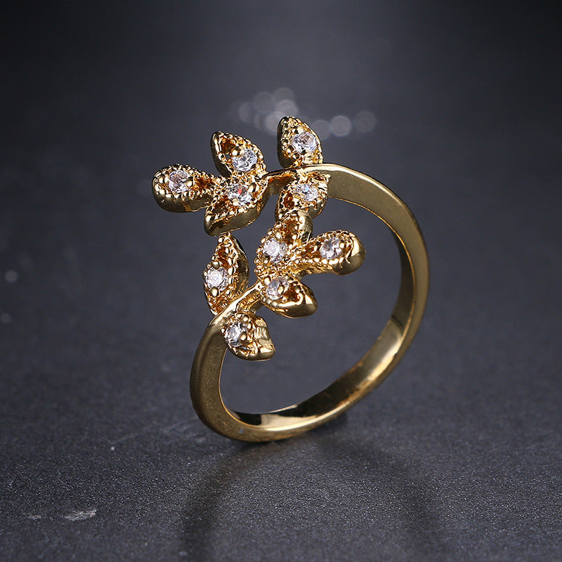 18K Gold Plated Leaf-Shaped Open Diamond Ring