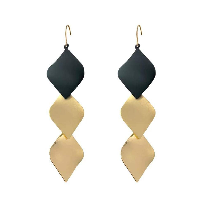 Long Square Dangle Drop Earrings Lightweight Fashion Geometric Earrings Square Gold Statement Dangle Earrings Minimalist Polished Simple Plain Geometric Flattened Hoop Earrings-Black