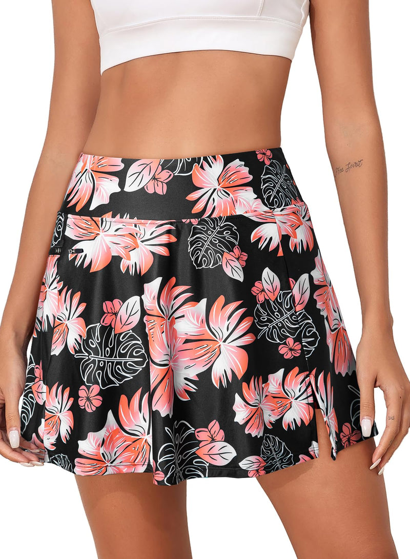 Aleumdr Womens 3 Inches High Waisted Swim Skirt with Side Pocket Swim Skorts Tummy Control Swim Bottoms Side Split with Built-in Brief Floral Black X-Large