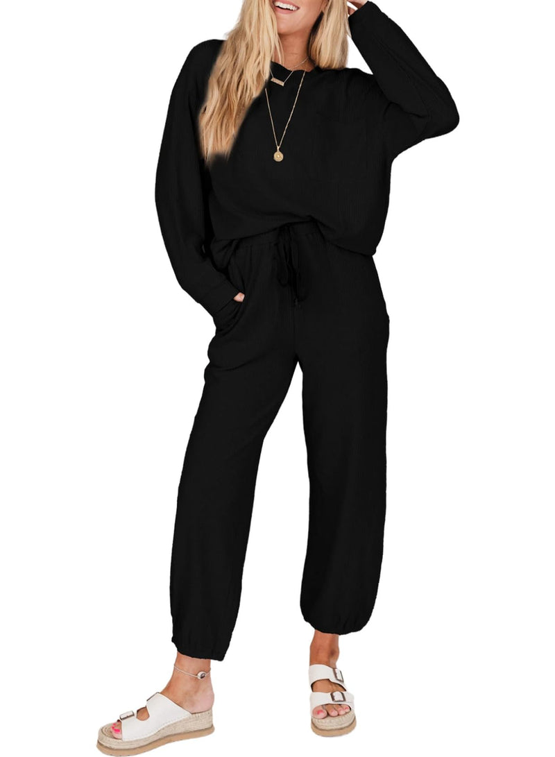 SHEWIN Two Piece Sets for Women Summer 2025 Waffle Knit Lounge Set Casual Crewneck Long Sleeve Shirts Loose Pants Vacation Outfits Matching Sets Women Clothing Black Medium